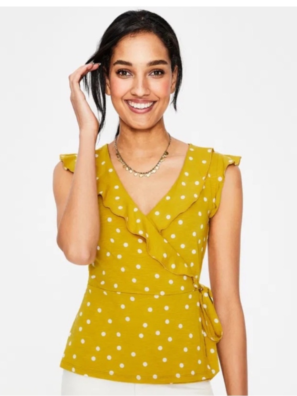 Boden UK Mustard Yellow Polka Dot Wrap Top, size 8